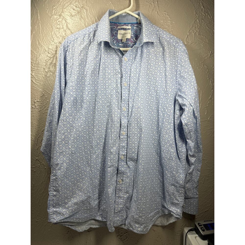 CON.STRUCT Stretch Blue Medallion Slim Fit Stretch Button Shirt Size 17 34-35